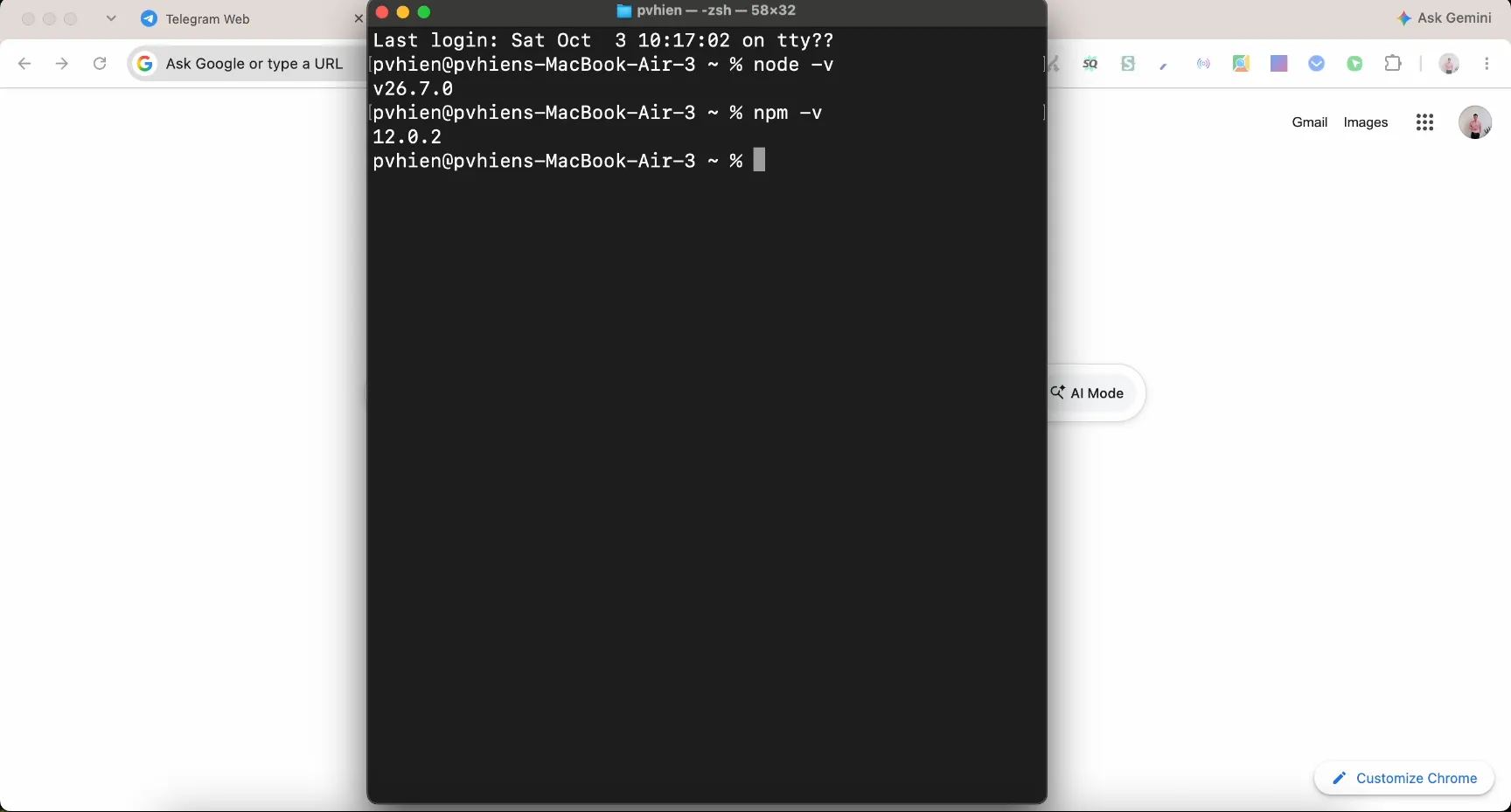 Kiểm tra phiên bản Node.js và npm trong Terminal trước khi cài OpenClaw