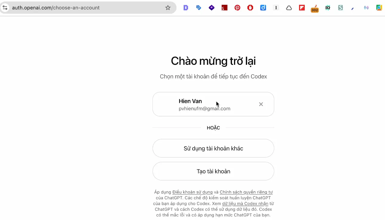 Trình duyệt mở trang đăng nhập OpenAI để cấp quyền cho Codex