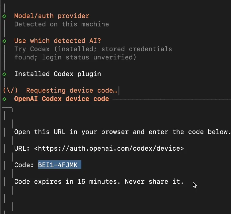 Mã device code 9 ký tự hiển thị trong Terminal để cấp quyền Codex CLI