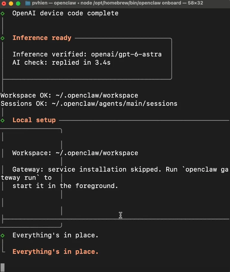 OpenClaw báo Inference ready và Everything's in place sau khi kết nối AI