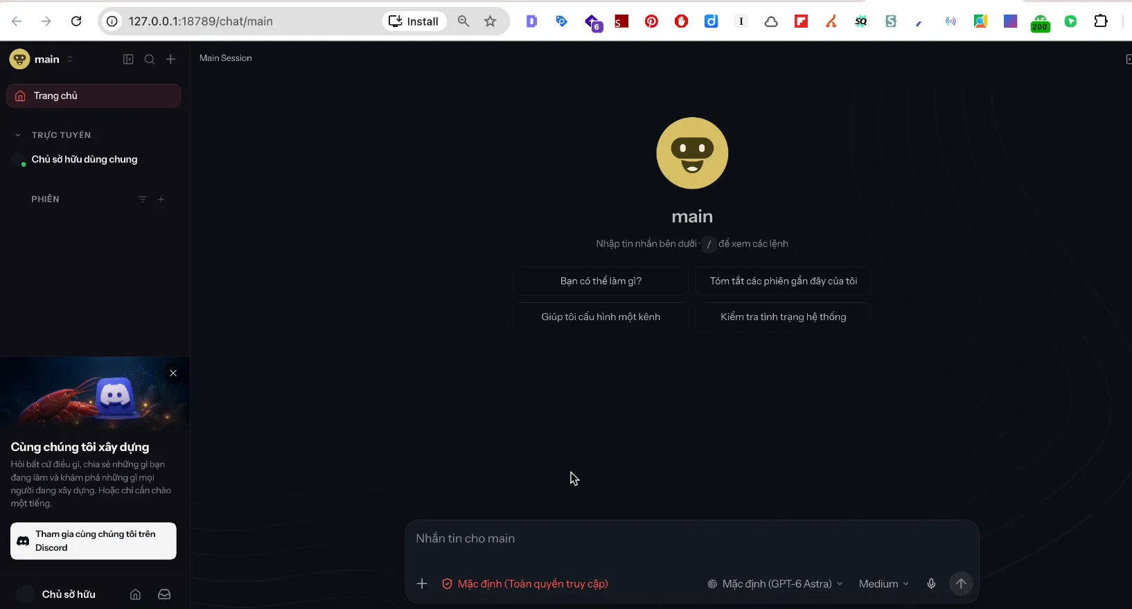 Giao diện web OpenClaw chạy ở địa chỉ 127.0.0.1:18789