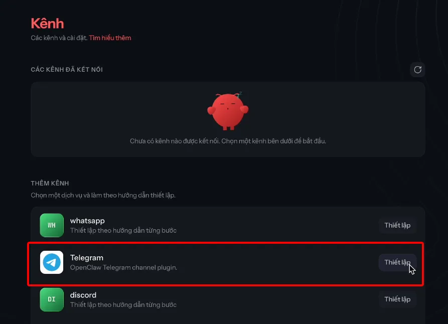 Mục Kênh trong OpenClaw với tuỳ chọn thiết lập Telegram