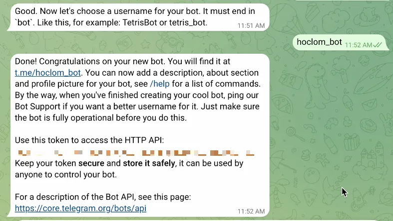 BotFather cấp token sau khi tạo bot mới thành công