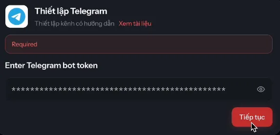 Dán token bot vào ô Enter Telegram bot token trong OpenClaw