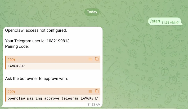 Bot Telegram trả về pairing code và lệnh approve